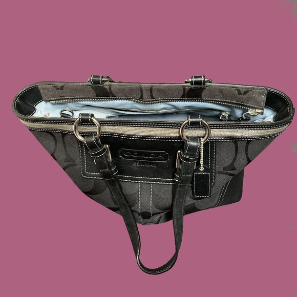 Coach Tote Bag # G06K - 10445. Black w Signature Jacquard, Leather Trim, Beading - Picture 4 of 7